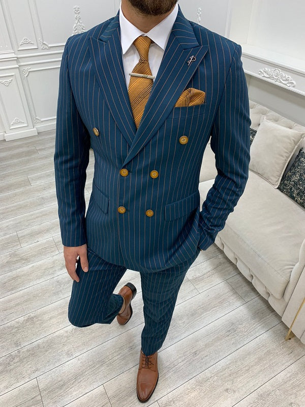 BespokeDaily Venice Green Slim Fit Double Breasted Striped Suit image 1