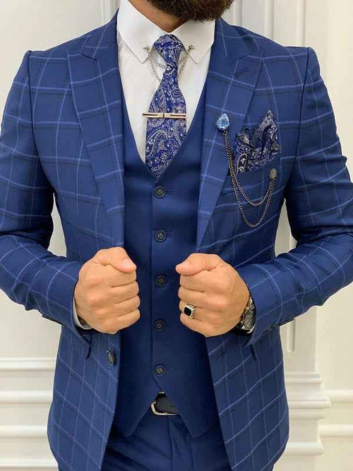BespokeDaily Alexandria Indigo Slim Fit Peak Lapel Plaid Suit