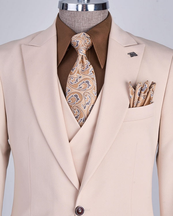 Palermo Slim Fit Peak Lapel 3 Piece Suit - Beige image 1