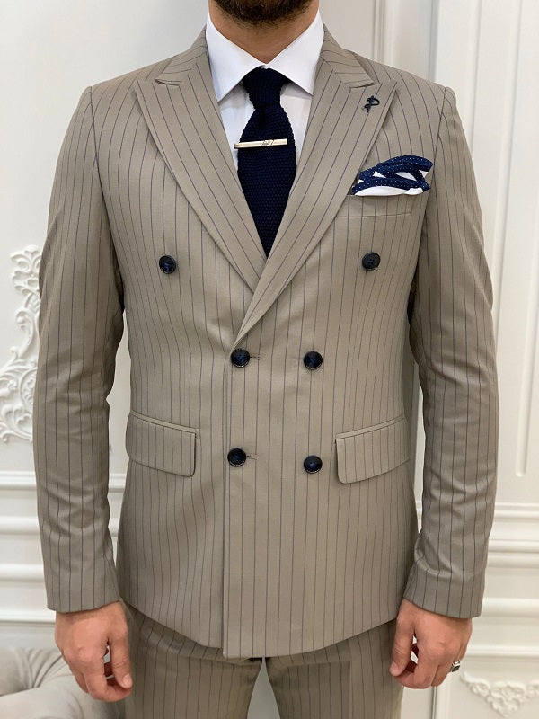 Venice Khaki 3 Piece Double Breasted Striped Suit image 1
