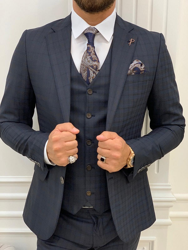 Miami Men's Dark Blue 3 Piece Plaid Suit image 1