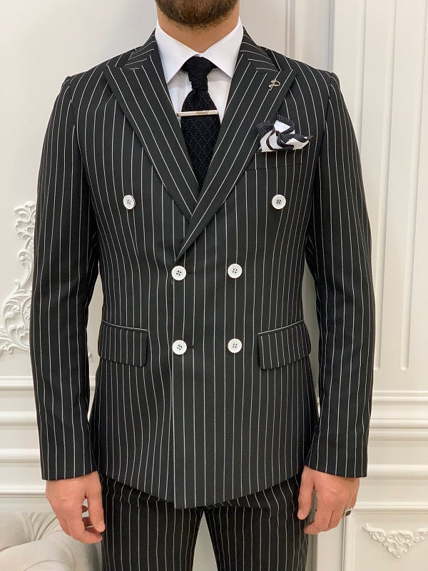 BespokeDaily Venice Black Slim Fit Double Breasted Striped Suit image 2