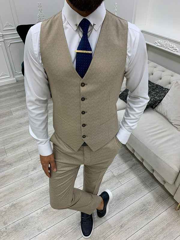 BespokeDaily Alexandria Cream Slim Fit Peak Lapel Plaid Suit
