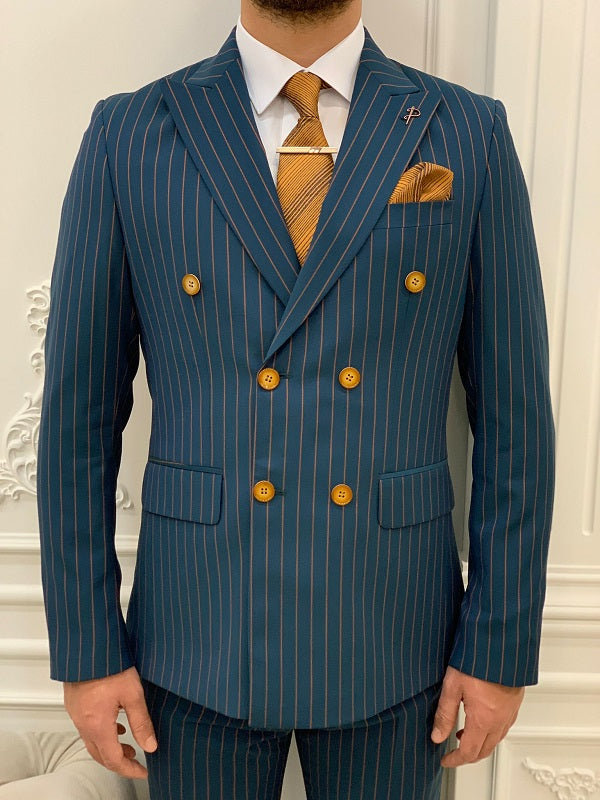 BespokeDaily Venice Green Slim Fit Double Breasted Striped Suit image 2