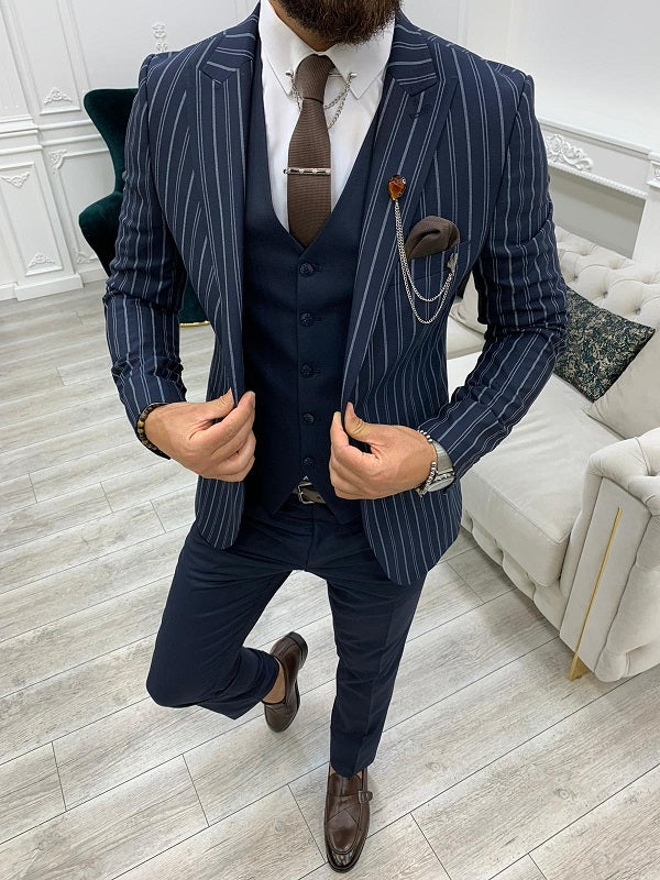 BespokeDaily Yukon Navy Blue Slim Fit Peak Lapel Striped Suit image 0