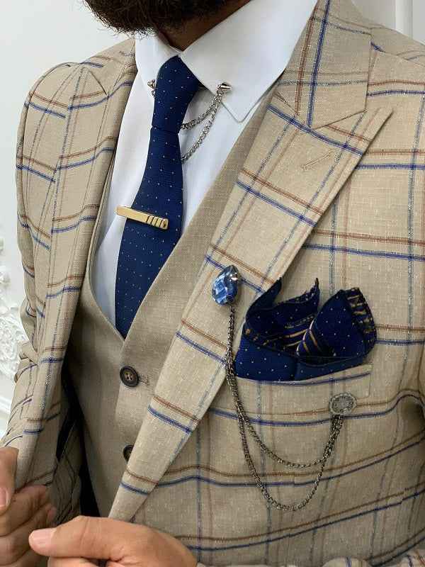 BespokeDaily Alexandria Cream Slim Fit Peak Lapel Plaid Suit