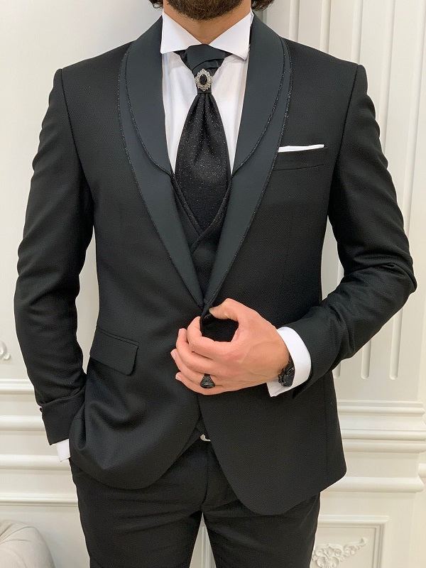 Destin Black Slim Fit Shawl Lapel Wedding Suit image 1