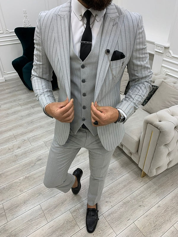 BespokeDaily Yukon Light Gray Slim Fit Peak Lapel Striped Suit image 0
