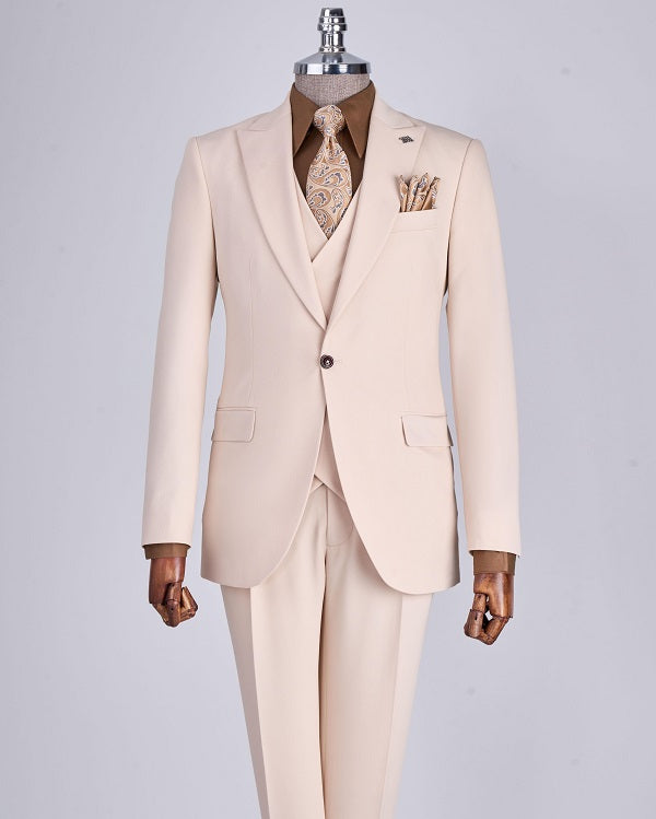 Palermo Slim Fit Peak Lapel 3 Piece Suit - Beige image 0