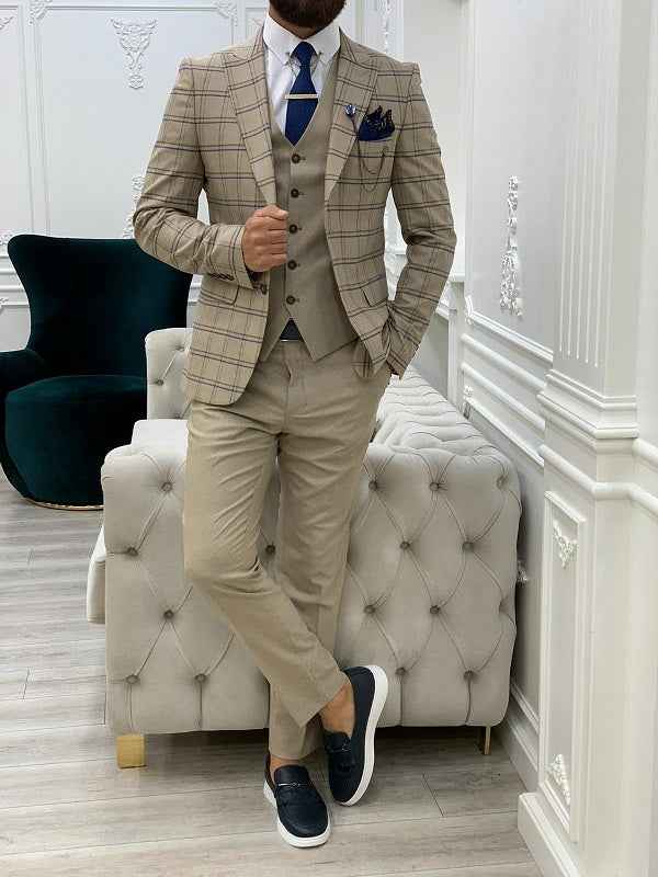 BespokeDaily Alexandria Cream Slim Fit Peak Lapel Plaid Suit