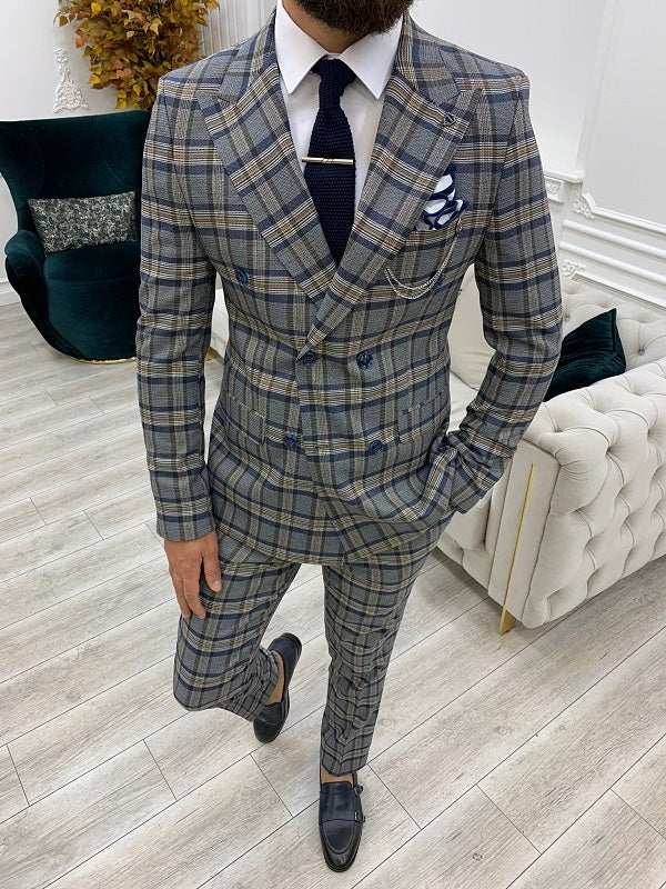 Yukon Navy Blue Double Breasted Plaid Suit image 0