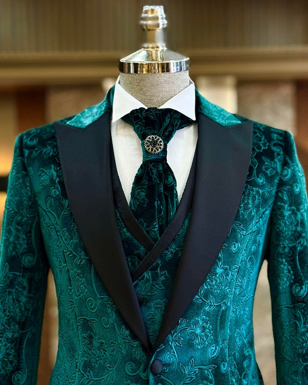 Deerfield Slim Fit Peak Lapel Floral Groom Suit - Green image 1