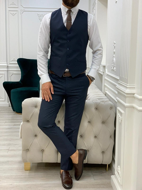 BespokeDaily Yukon Navy Blue Slim Fit Peak Lapel Striped Suit image 4