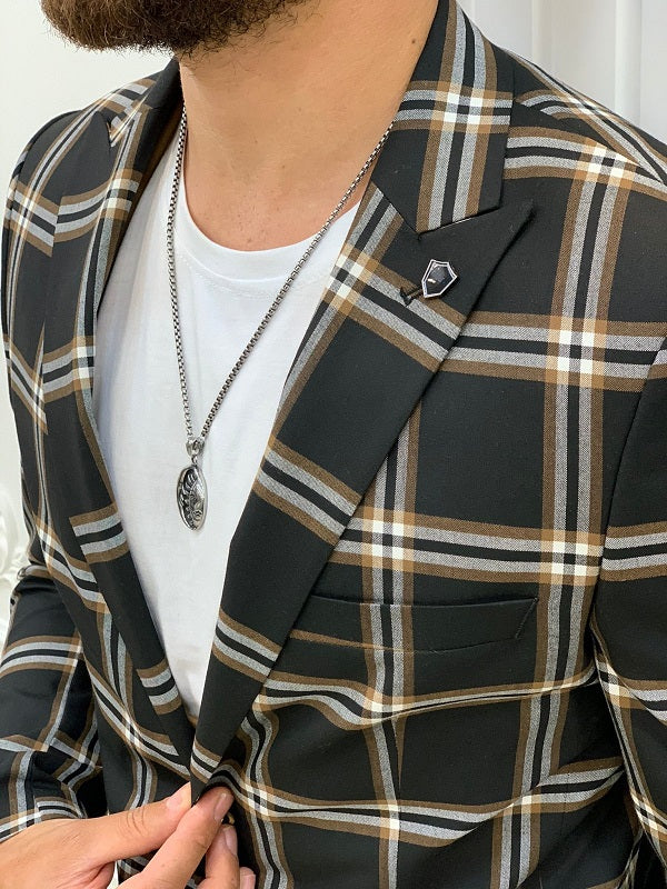 BespokeDaily Whitney Black Slim Fit Peak Lapel Plaid Suit image 1