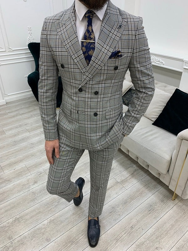 Miami 3-Piece Gray Double Breasted Checked Suit image 0