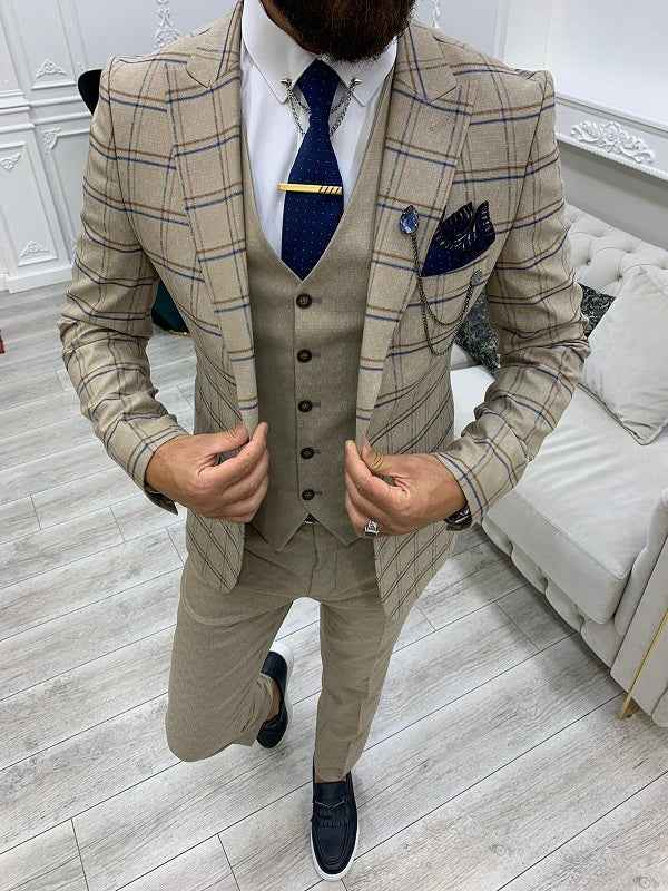 BespokeDaily Alexandria Cream Slim Fit Peak Lapel Plaid Suit