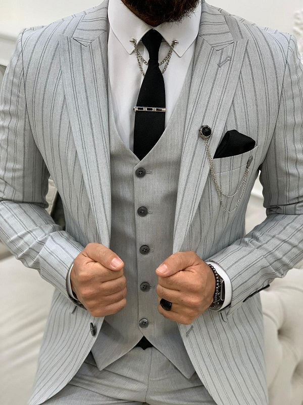 BespokeDaily Yukon Light Gray Slim Fit Peak Lapel Striped Suit image 1