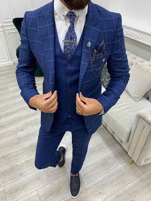 BespokeDaily Alexandria Indigo Slim Fit Peak Lapel Plaid Suit