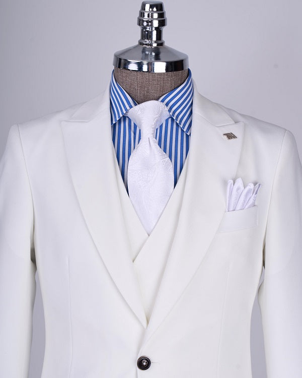 Palermo Slim Fit Peak Lapel 3 Piece Suit - White image 1