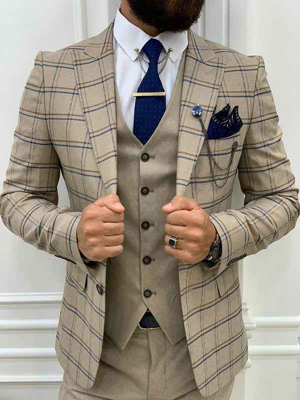 BespokeDaily Alexandria Cream Slim Fit Peak Lapel Plaid Suit