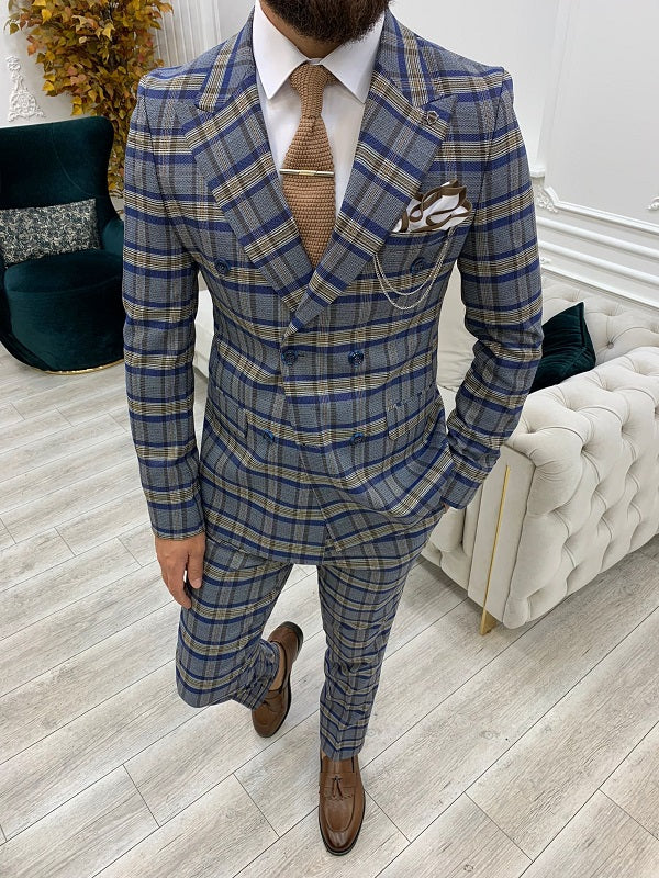 BespokeDaily Yukon Blue Slim Fit Double Breasted Plaid Suit image 0