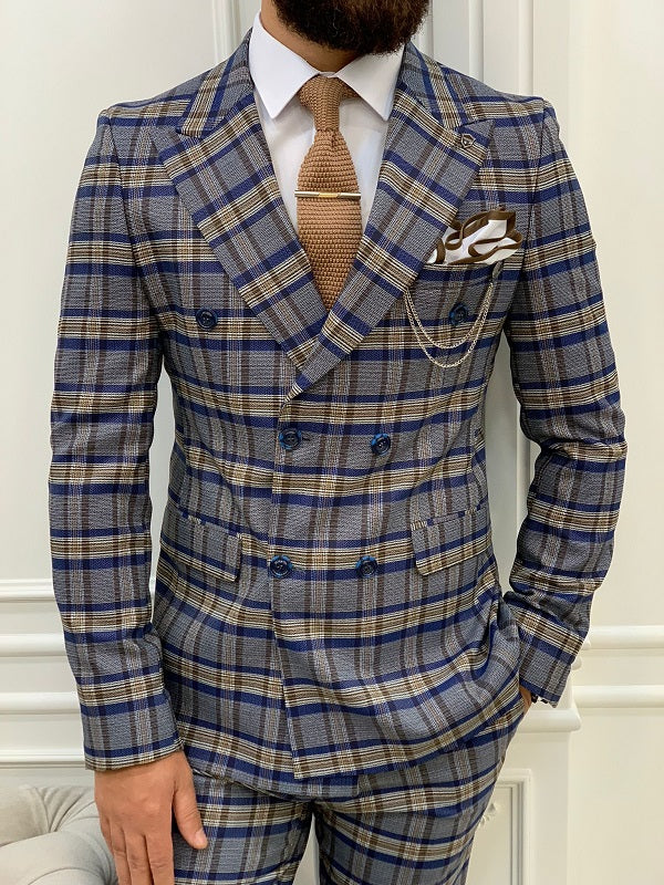 BespokeDaily Yukon Blue Slim Fit Double Breasted Plaid Suit image 1