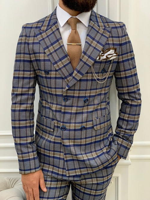 BespokeDaily Yukon Blue Slim Fit Double Breasted Plaid Suit image 1