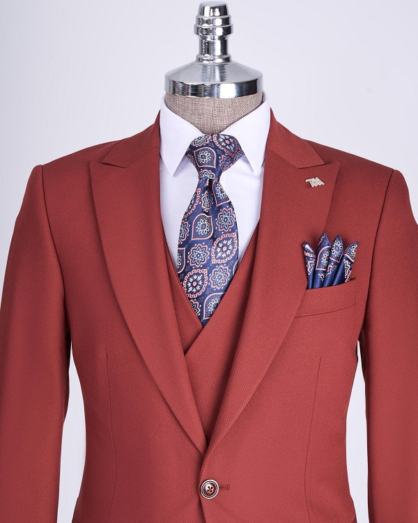 Palermo Slim Fit Peak Lapel 3 Piece Suit - Rust image 1