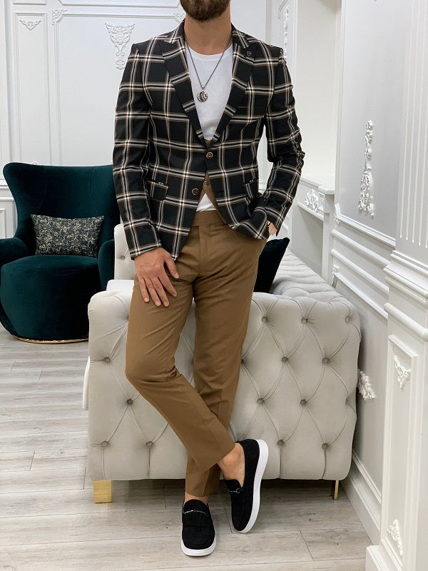 BespokeDaily Whitney Black Slim Fit Peak Lapel Plaid Suit image 2