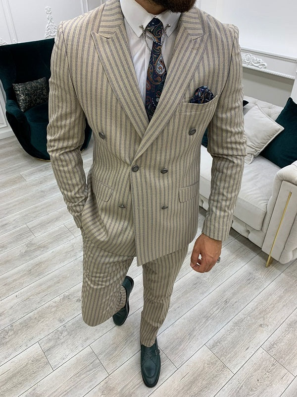 BespokeDaily Whitney Cream Slim Fit Peak Lapel Double Breasted Striped Suit image 0