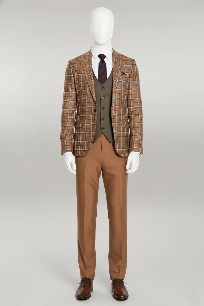 Brown checkered suit with vest