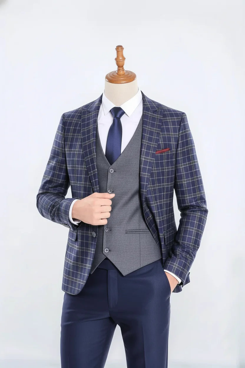 Navy Blue Plaid Suit for Men