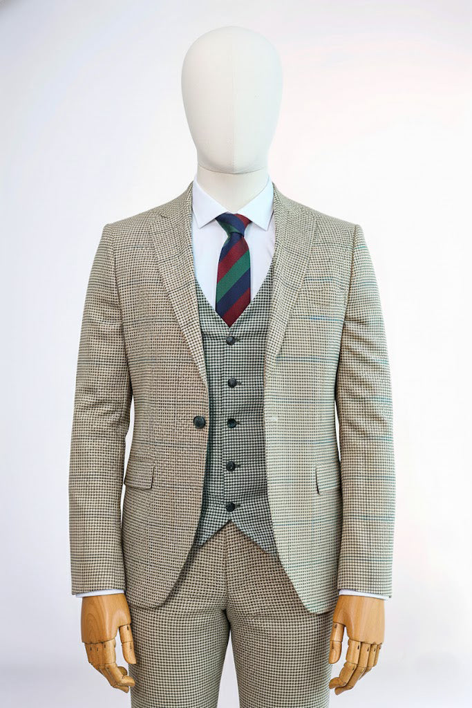 Beige Slim Fit Plaid Suit for Men