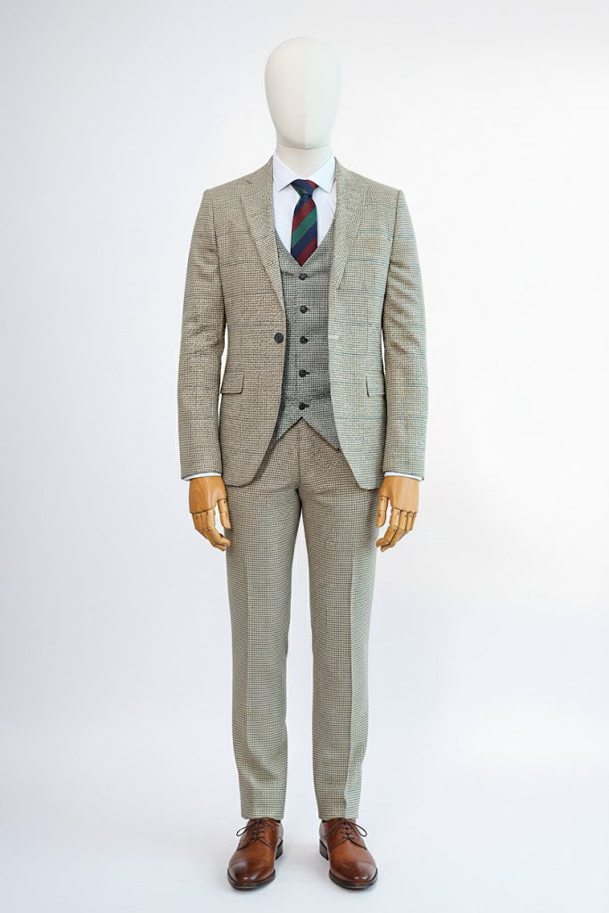 Mens Beige Slim Fit Plaid Suit