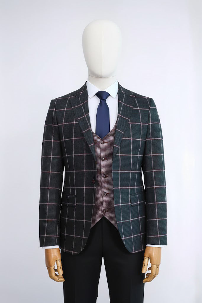 Black Slim Fit Plaid Suit for Men