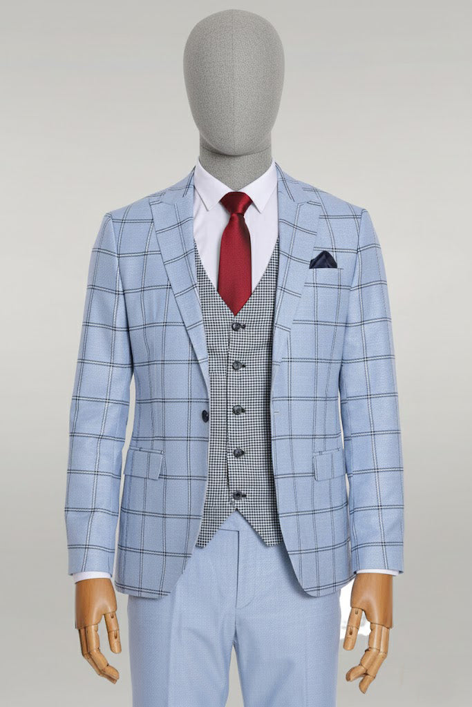 Blue Slim Fit Plaid Suit for Men