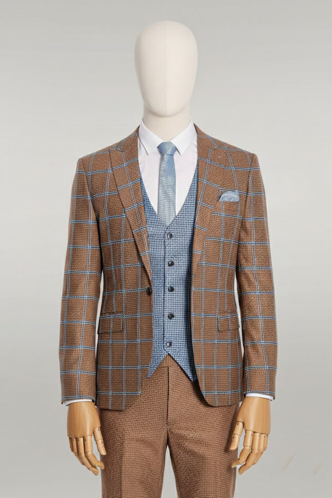 Brown Slim Fit Plaid Suit for Men