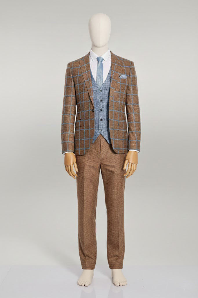 Men Brown Slim Fit Plaid Suit