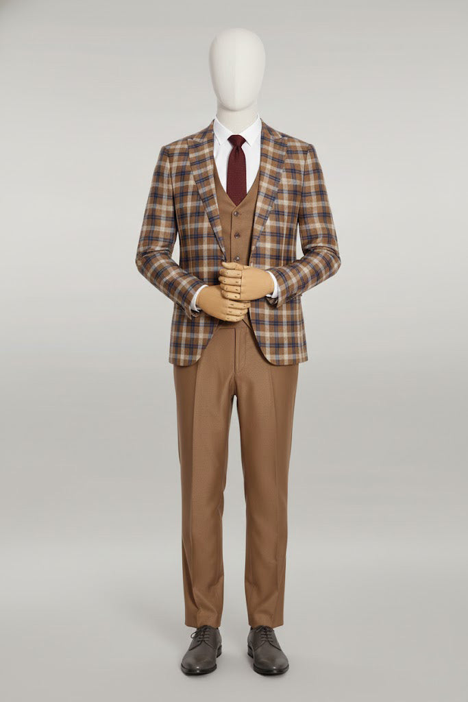 Mens Brown Slim Plaid Suit