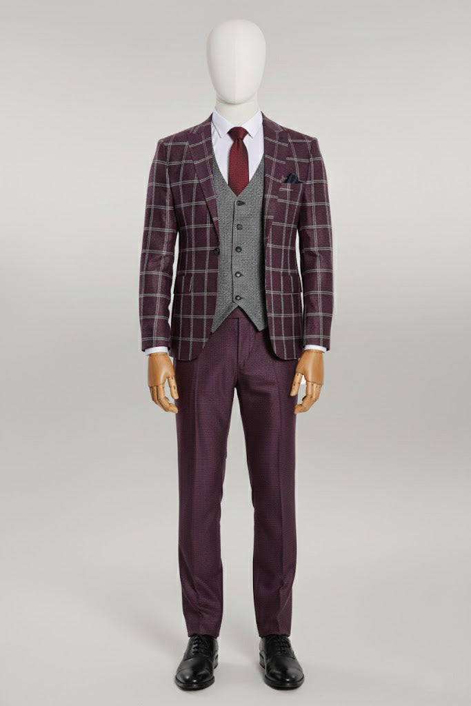 Maroon Slim Fit Plaid Suit
