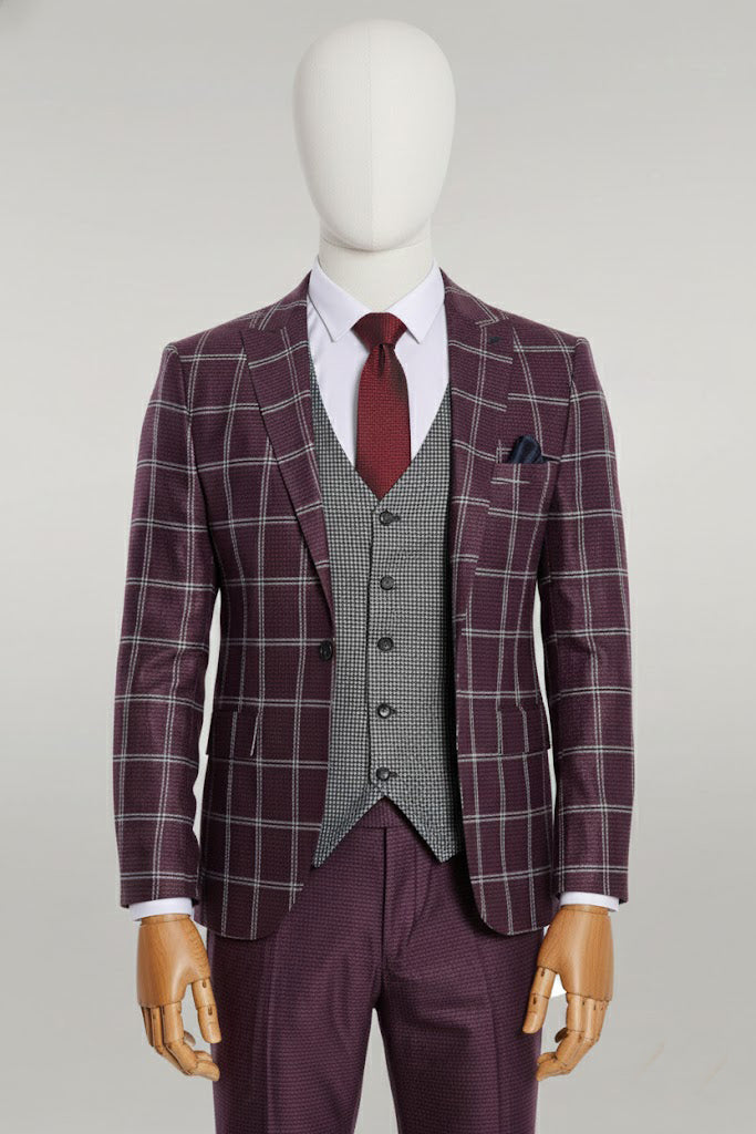 Burgundy Slim Fit Plaid Suit for Men