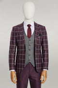 Burgundy Slim Fit Plaid Suit for Men