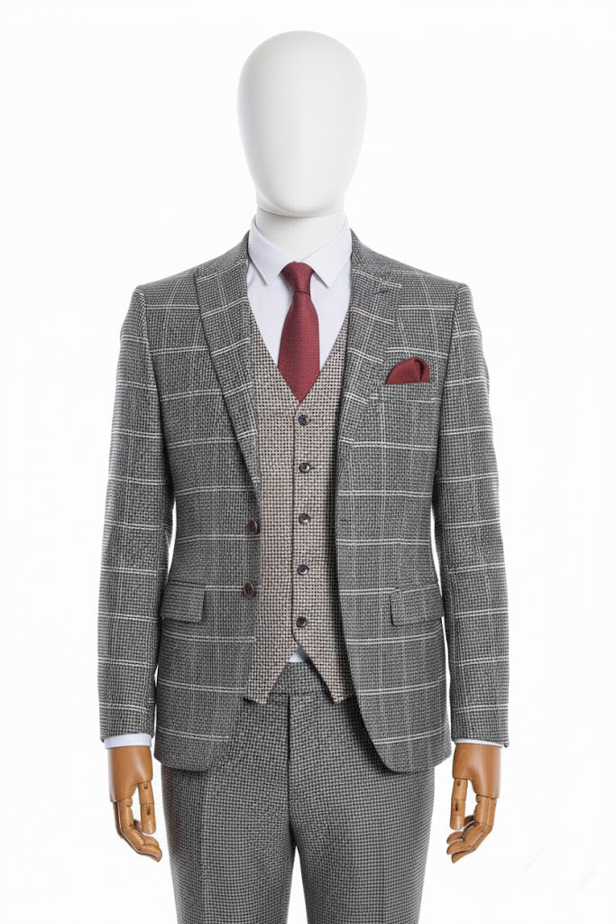 Dark Gray Slim Fit Plaid Suit for Men
