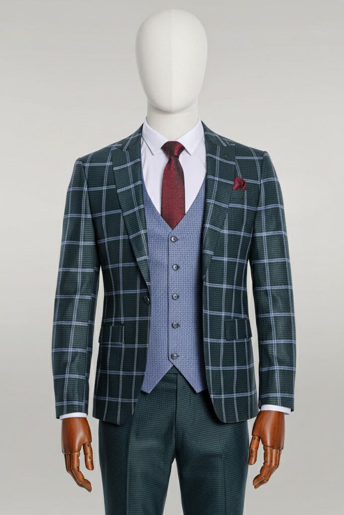 Dark Green Slim Fit Plaid Suit