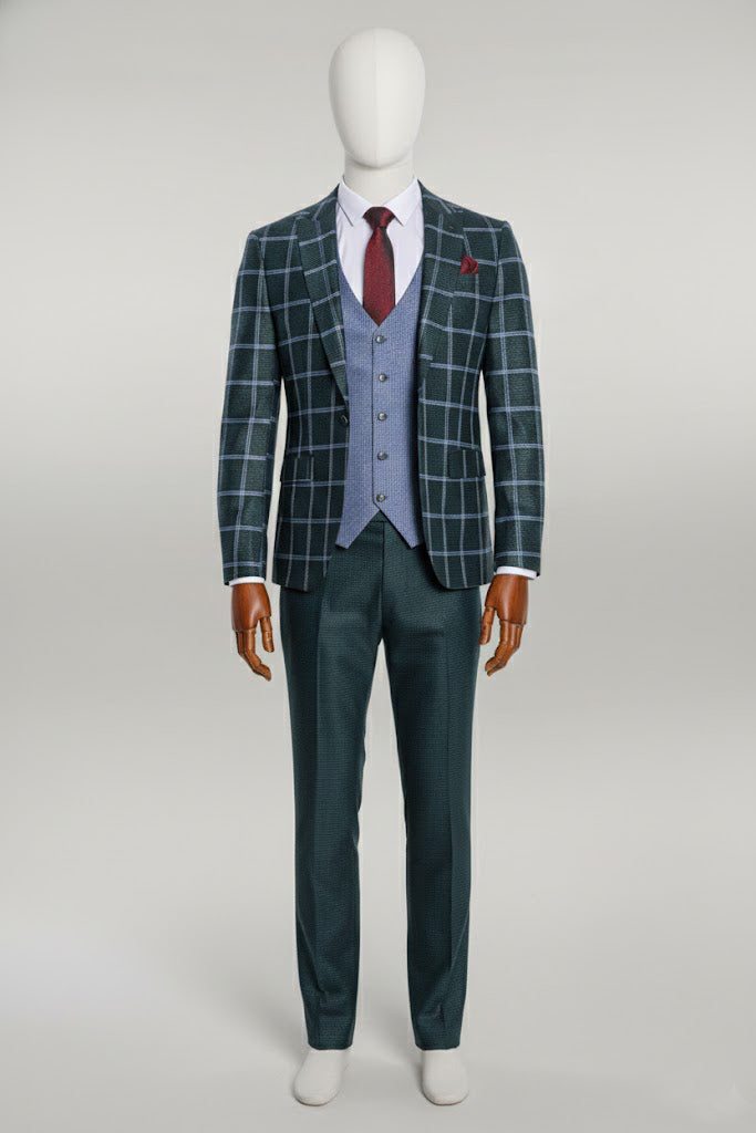 Dark Green Slim Fit Plaid Suit for Men