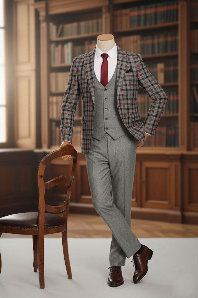 Mens Gray Slim Plaid Suit