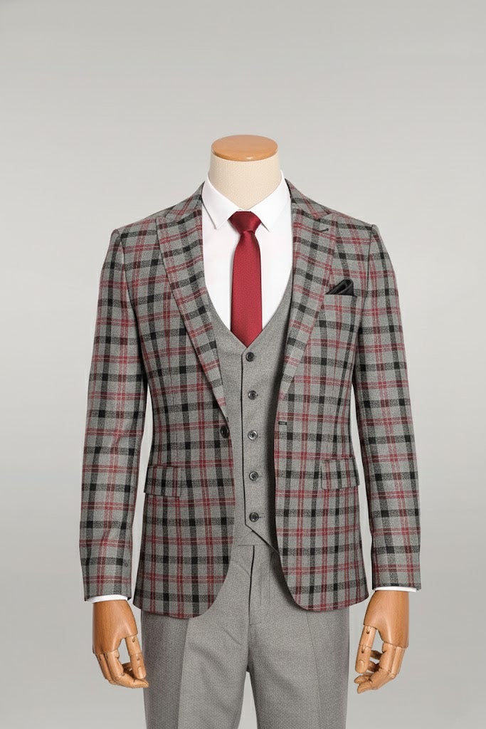 Gray Slim Plaid Suit for Men