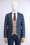 Navy Blue Slim Fit Plaid Suit for Men