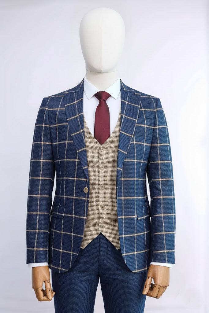 Navy Blue Slim Fit Plaid Suit for Men