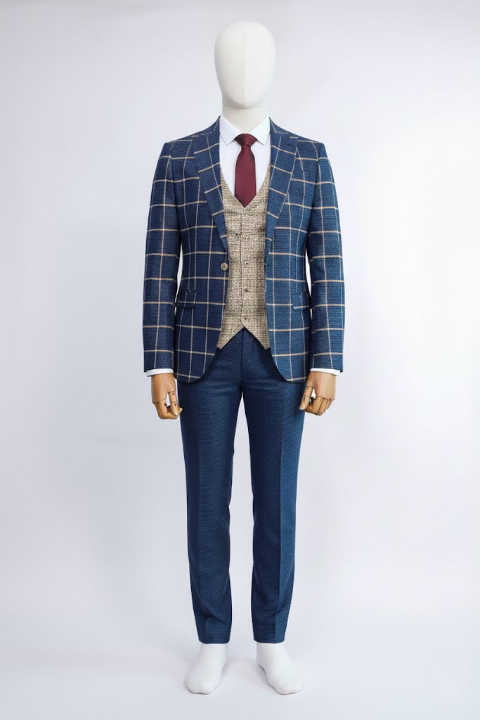 Mens Navy Blue Slim Fit Plaid Suit